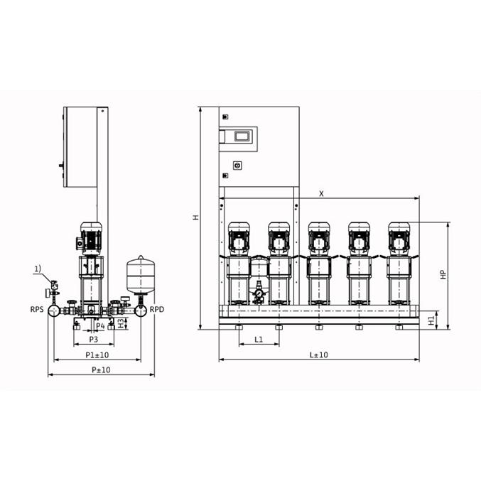 Габаритный чертеж насосной станции Wilo COR-5 HELIX V 603/SKw-EB-R