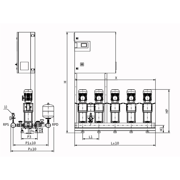 Габаритный чертеж насосной станции Wilo COR-5 HELIX V 606/CC-EB-R