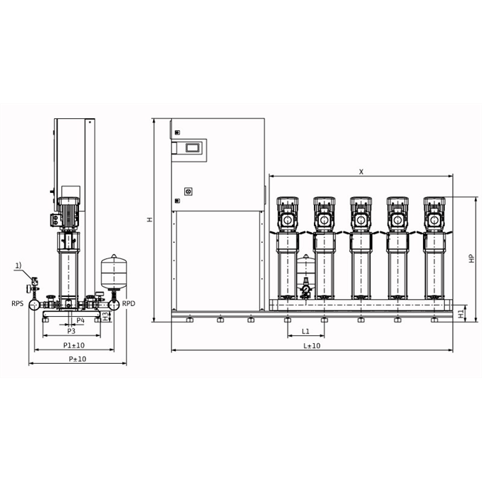 Габаритный чертеж насосной станции Wilo COR-5 HELIX V 610/CC-EB-R