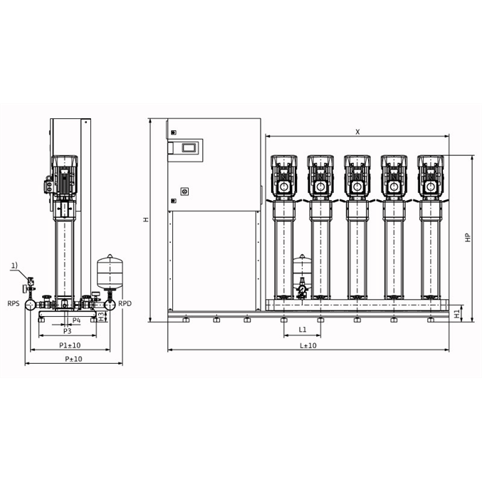 Габаритный чертеж насосной станции Wilo COR-5 HELIX V 612/CC-EB-R
