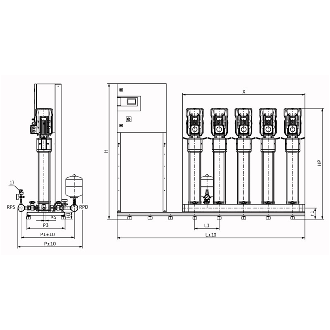 Габаритный чертеж насосной станции Wilo COR-5 HELIX V 612/SKw-EB-R