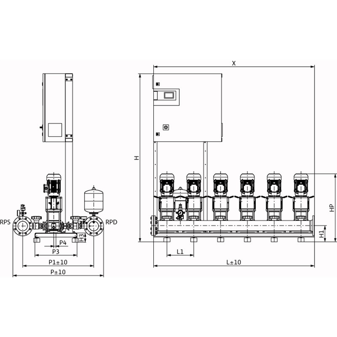 Габаритный чертеж насосной станции Wilo COR-6 HELIX V 1002/CC-EB-R