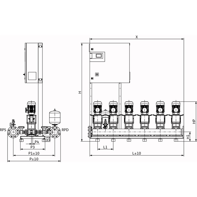Габаритный чертеж насосной станции Wilo COR-6 HELIX V 1004/SKw-EB-R