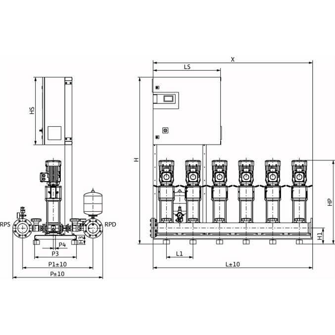 Габаритный чертеж насосной станции Wilo COR-6 HELIX V 1010/CC-EB-R