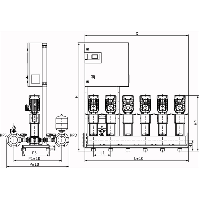 Габаритный чертеж насосной станции Wilo COR-6 HELIX V 1605/SKw-EB-R