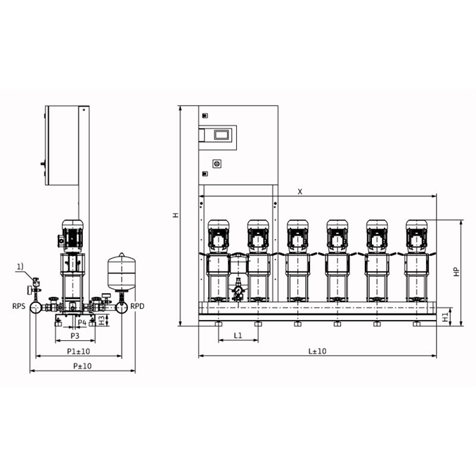 Габаритный чертеж насосной станции Wilo COR-6 HELIX V 603/SKw-EB-R