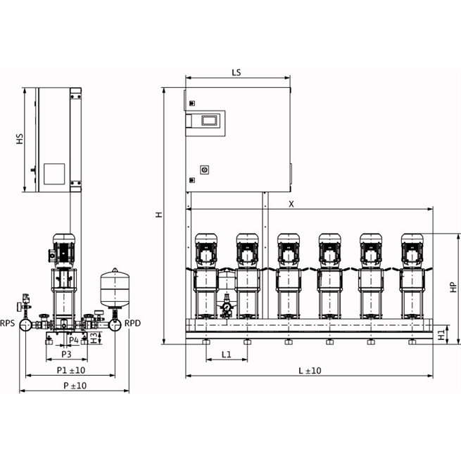 Габаритный чертеж насосной станции Wilo COR-6 HELIX V 605/CC-EB-R