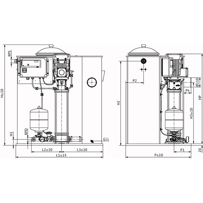 Габаритный чертеж насосной станции Wilo CO/T-1 HELIX V 604/CE
