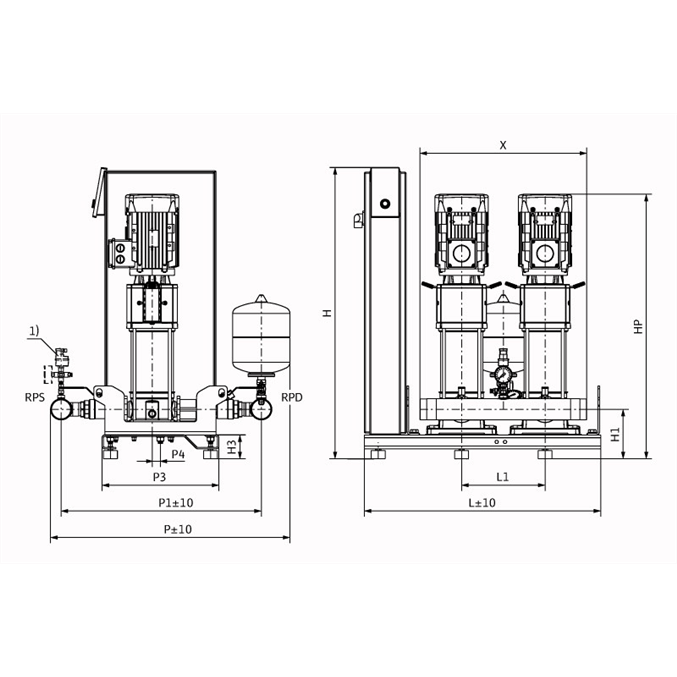 Габаритный чертеж насосной станции Wilo Smart 2 HELIX V 1603