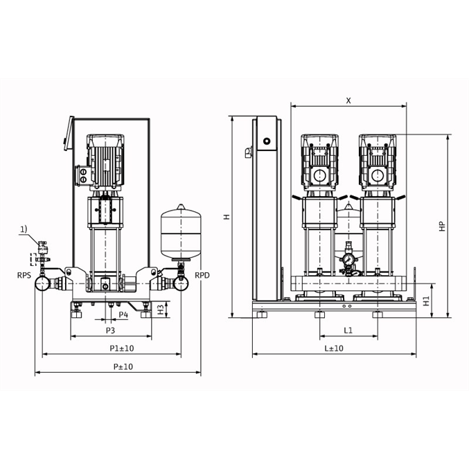 Габаритный чертеж насосной станции Wilo Smart 2 HELIX V 1605