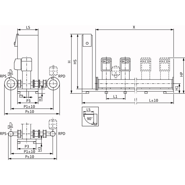 Габаритный чертеж насосной станции Wilo Smart 3 HELIX EXCEL 2203/6,5kW