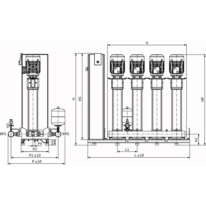 Габаритный чертеж насосной станции Wilo Smart 4 HELIX V 1015 PN25